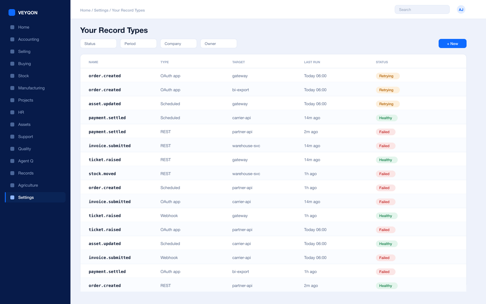 A custom record type with its fields, links, and validation rules.